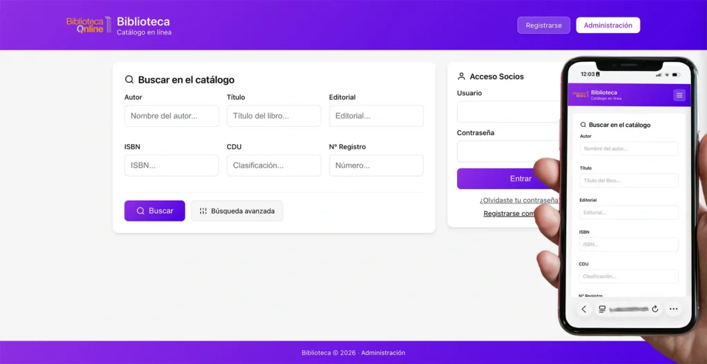 Catálogo público de BibliotecaOnline con buscador y acceso de socios