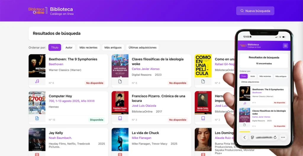 Resultados de búsqueda en el catálogo con portadas y estado de disponibilidad