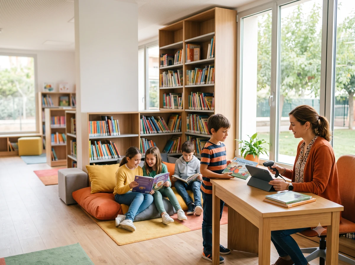 Biblioteca escolar con estanterías y zona de lectura