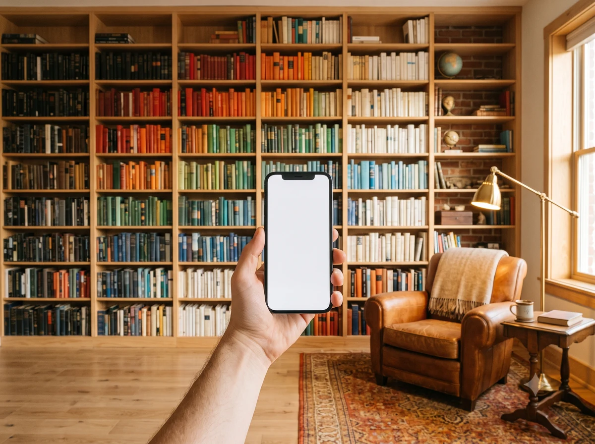 Biblioteca personal en casa con estanterías de madera